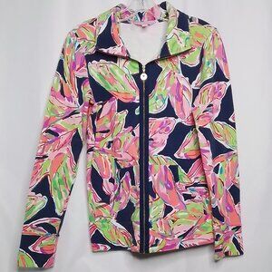 LILLY PULTIZER UPF 50+ LEONA ZIP-UP IN THE "JUNGLE SUNRISE" PRINT SIZE S